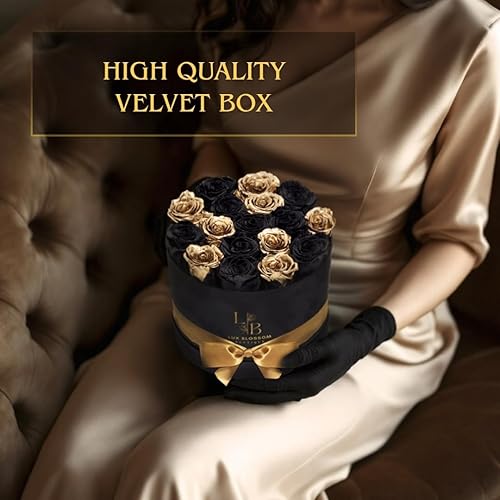 Miniatura 6 de 17 rosas eternas doradas y negras, caja de terciopelo, flores preservadas de lujo, rosas negras, ramo de rosas brillantes, centros de mesa de flores