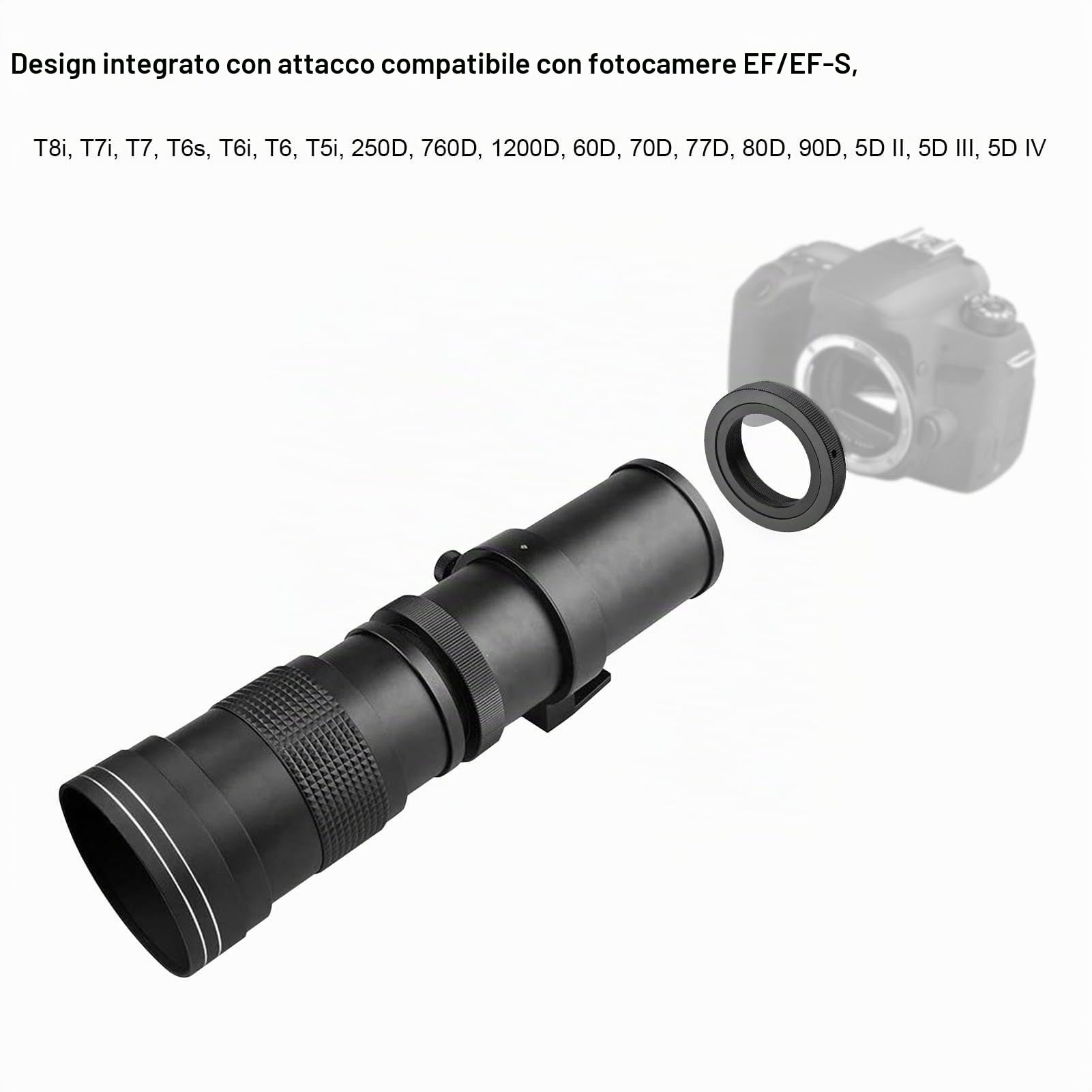 Andoer Obiettivo Telezoom Super MF per Fotocamera F/8.3-16 420–800 mm Montatura T Universale con Filettatura 1/4 di Pollice Sostituzione Obiettivo Super Tele per Fotocamere EF/EF-S
