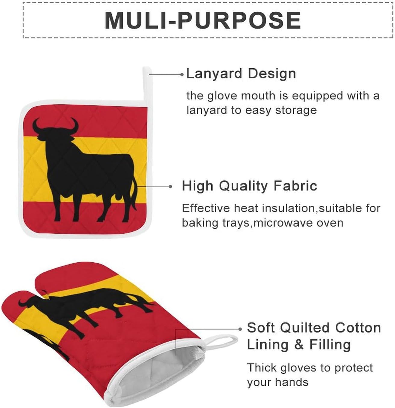 Spanish Bull Print Oven Mitts and Pot Holders 3 Piece Sets Heat Resistant Gloves Hot Pads Potholders for Kitchen Baking Cooking