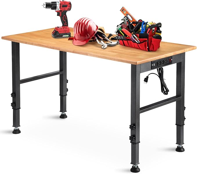 OLBRUS 48 "Adjustable Workbench with Power Outlet, Heavy Duty 2000 LBS Load Capacity Hardwood Workbench Suitable for Workshop, Office, Garage, Home - Amazon.com