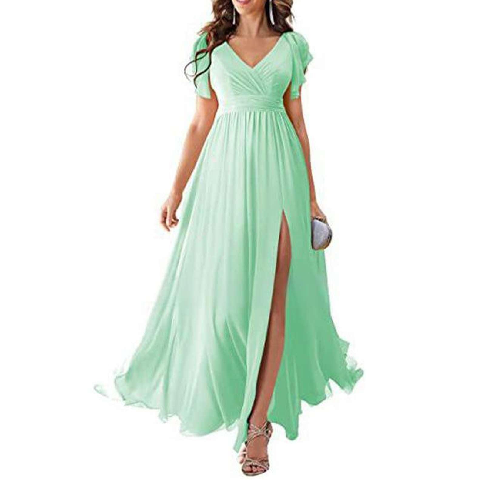 Generisch Kleid Hochzeitsgast Damen - Elegant Lang Chiffon Brautjungfernkleid V-Ausschnitt Schlitz Abendkleid Fließend Abendkleid Curvy Ballkleider Luftig Maxikleid Fließend Bequem Cocktailkleid