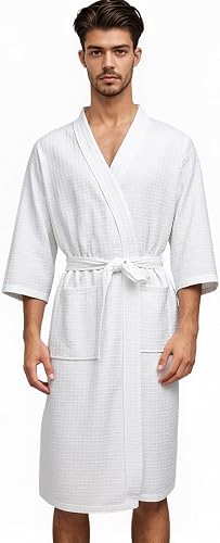 Lightweight Waffle Knit Bath Robe for Women Men Quick Dry Full-Length Spa Robes with Pockets Tie Strap Sleepwear Loungewear
