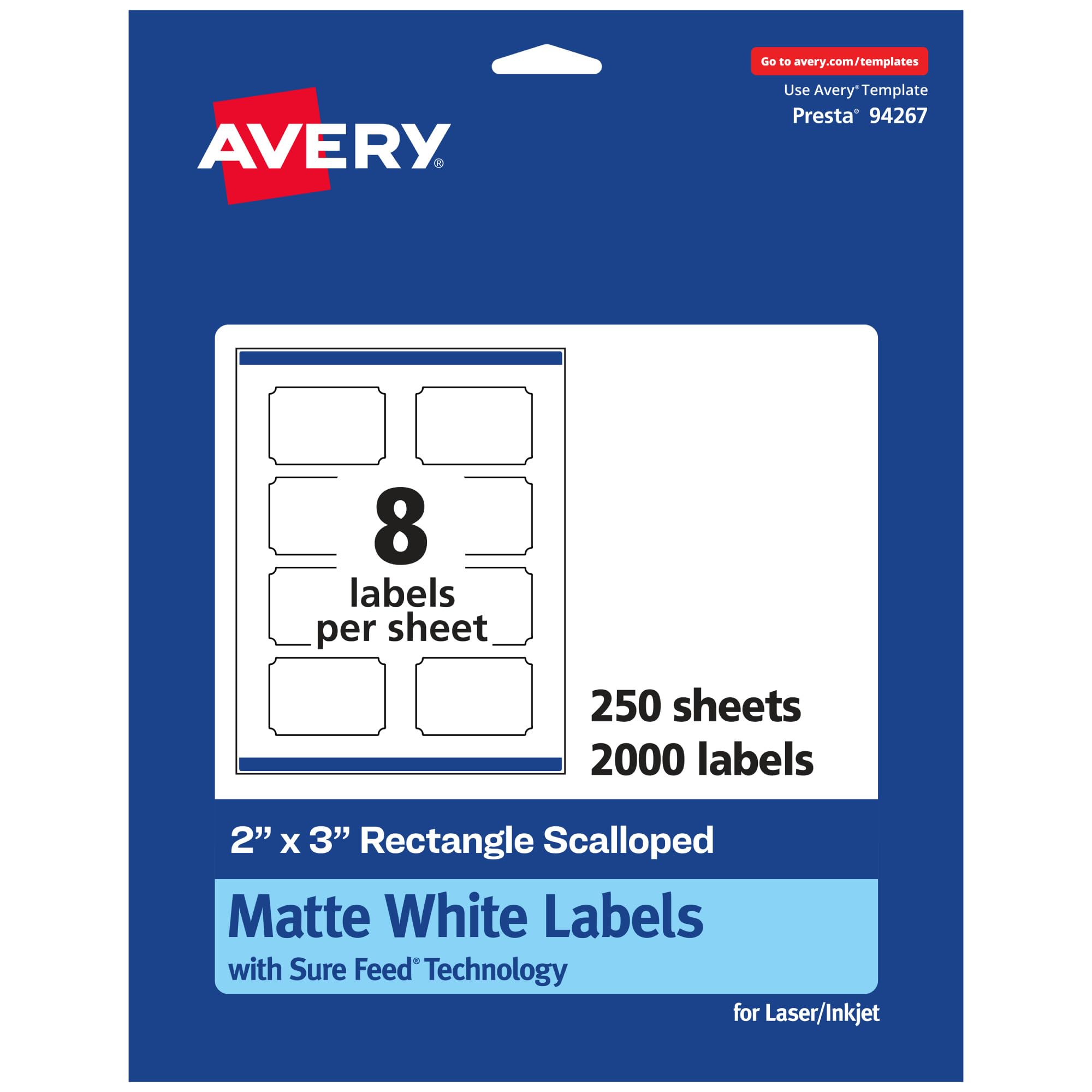 Avery Matte White Scalloped Rectangle Labels, Sure Feed Technology, 2" x 3", 2,000 Matte White Printable Labels