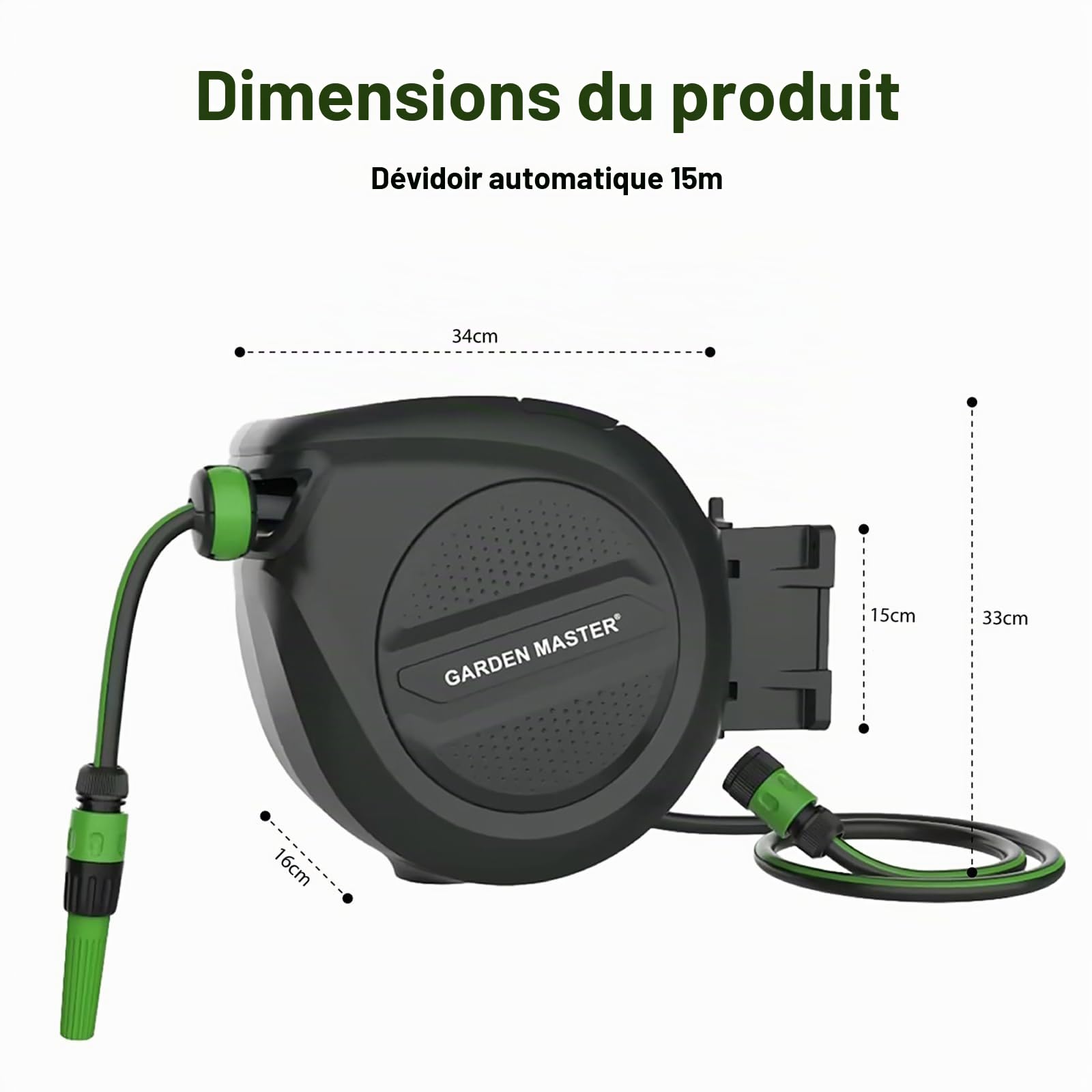 GARDEN MASTER Enrouleur automatique de tuyau mural | Facile à installer | Rembobinage automatique | Buse de pulvérisation | Noir et vert (15m)