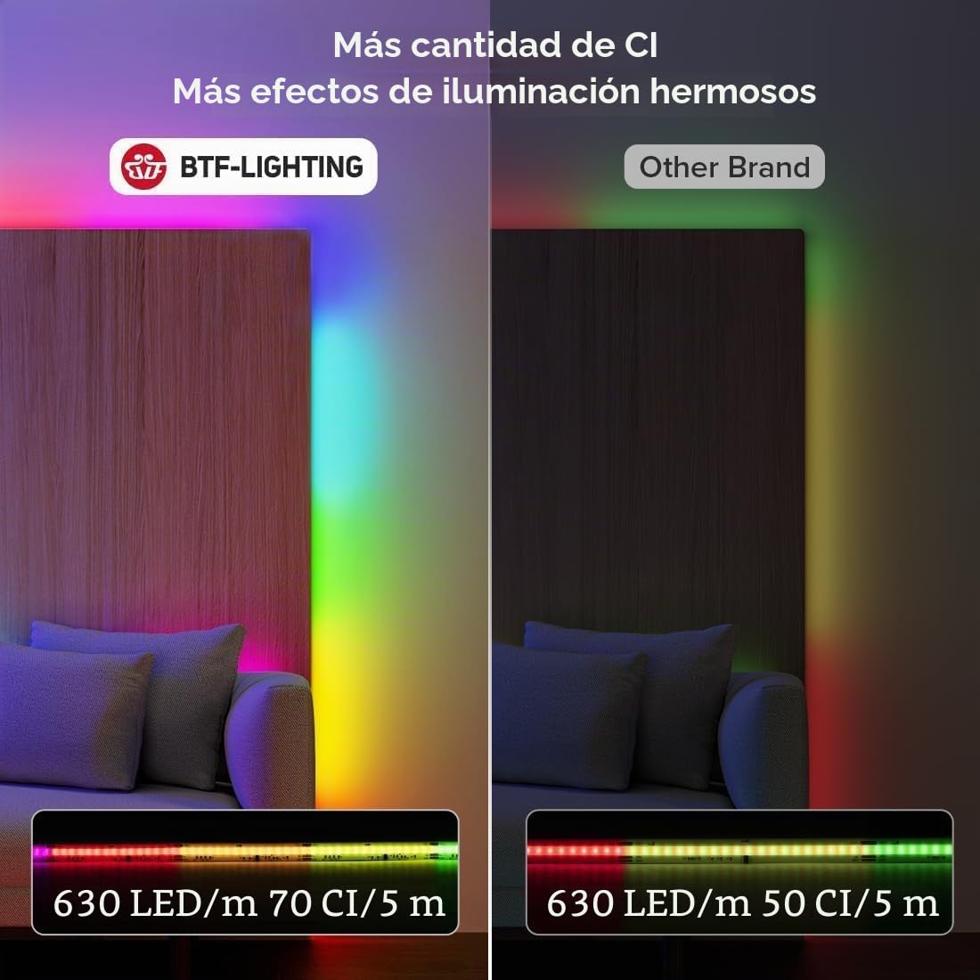 BTF-LIGHTING FCOB SPI RGB Tira de LED flexible de alta densidad COB WS2811 IC Tira de LED 5M 630LEDs/M 14W/M DC24V Negro PCB IP30 Color de persecución(No contiene controlador y alimentación)