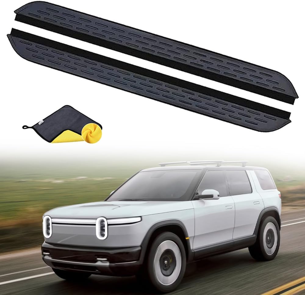 Side Steps Running Boards Fit for 2021-2026 Rivian R1S Nerf Bars Accessories Side Stair (with Brackets) Black with Shiny Chrome Stainless Steel Anti-Slip Decor 22