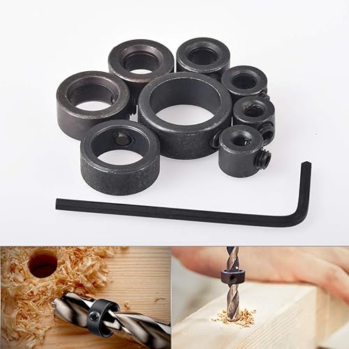 Miniatura 7 de KATUR 8 piezas de broca de carpintería de profundidad, collares de parada de anillo, posicionador con llave hexagonal para apretar y parar, juego de