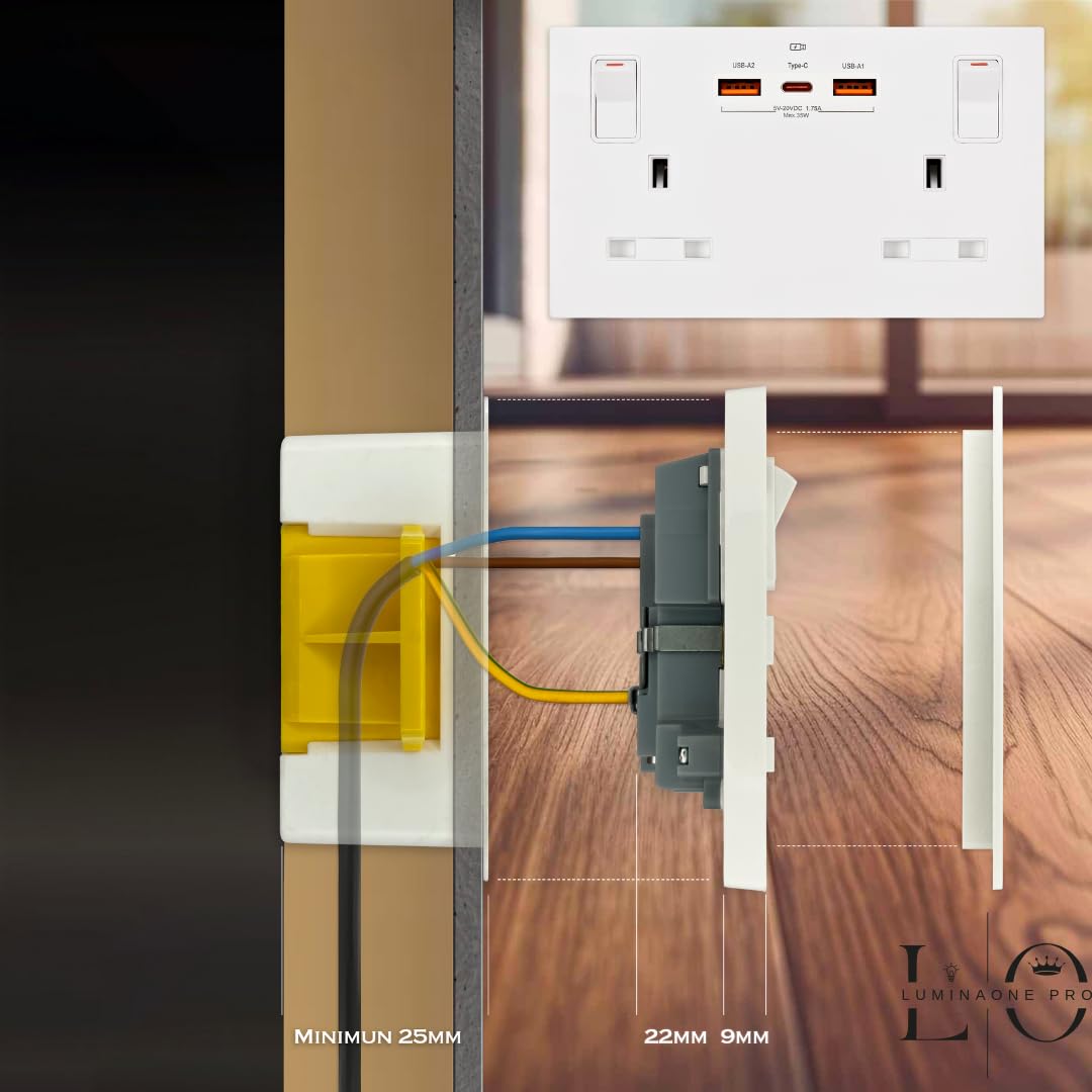 Double Switched Wall Plug Socket with USB-C & USB-A, 13A 2-Gang, PD35W Output, Screwless White (Use a 35mm-Deep Back Box) - Image 2