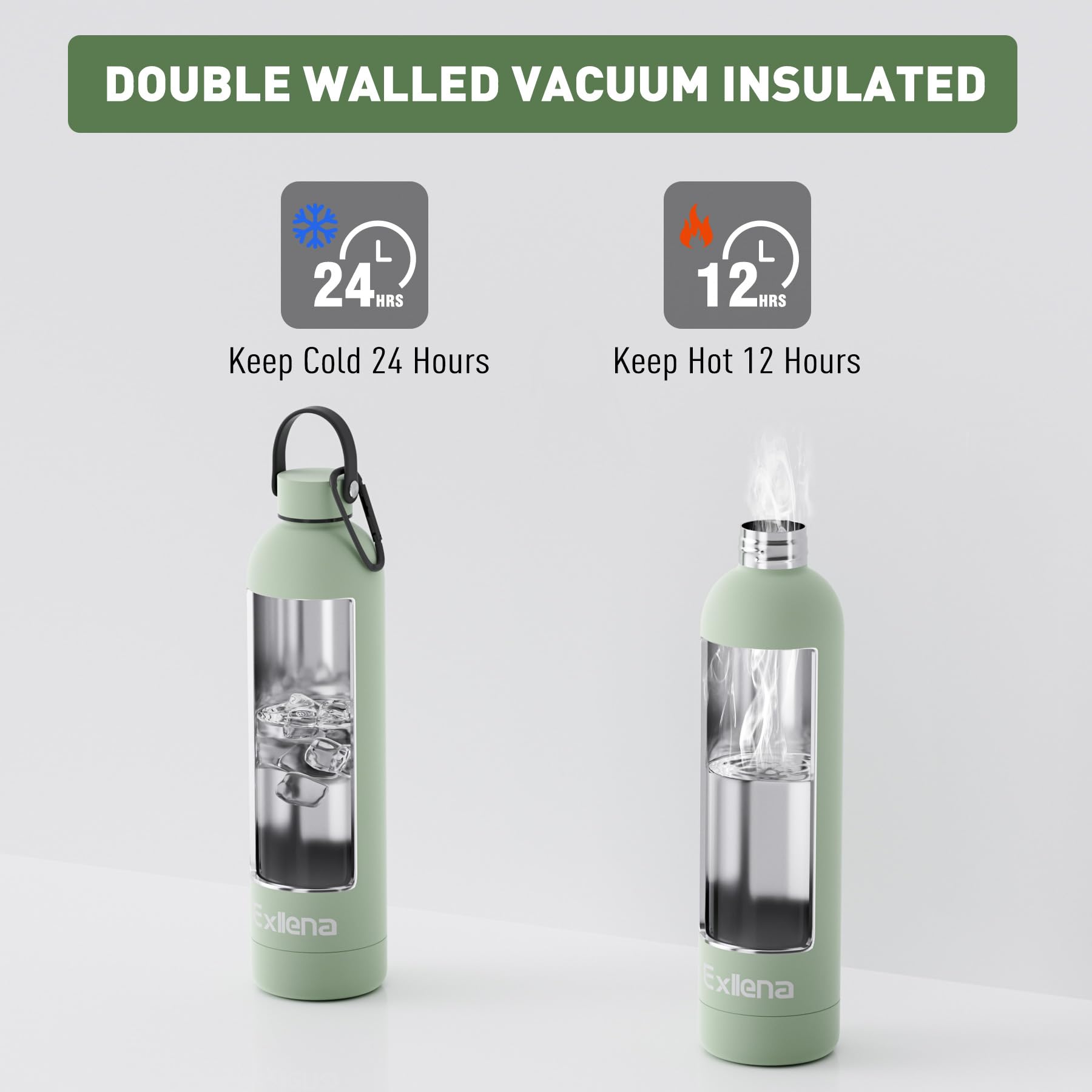 Exllena Borraccia Termica 750 ml con Maniglia e Moschettone - Bottiglia Termica 750ml Mantenere Calore/Freddo - Senza BPA - 100% A Tenuta Stagna per Escursioni, Campeggio, Viaggi...(Verde Latte)