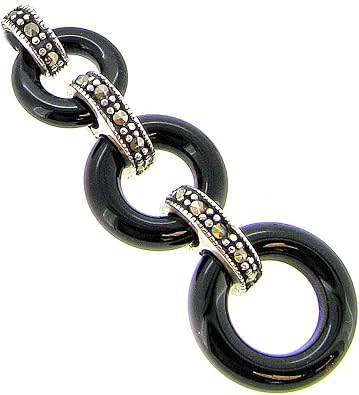Sterling Silver Round Black Natural Onyx Ring Natural Marcasite Link Charm Pendant