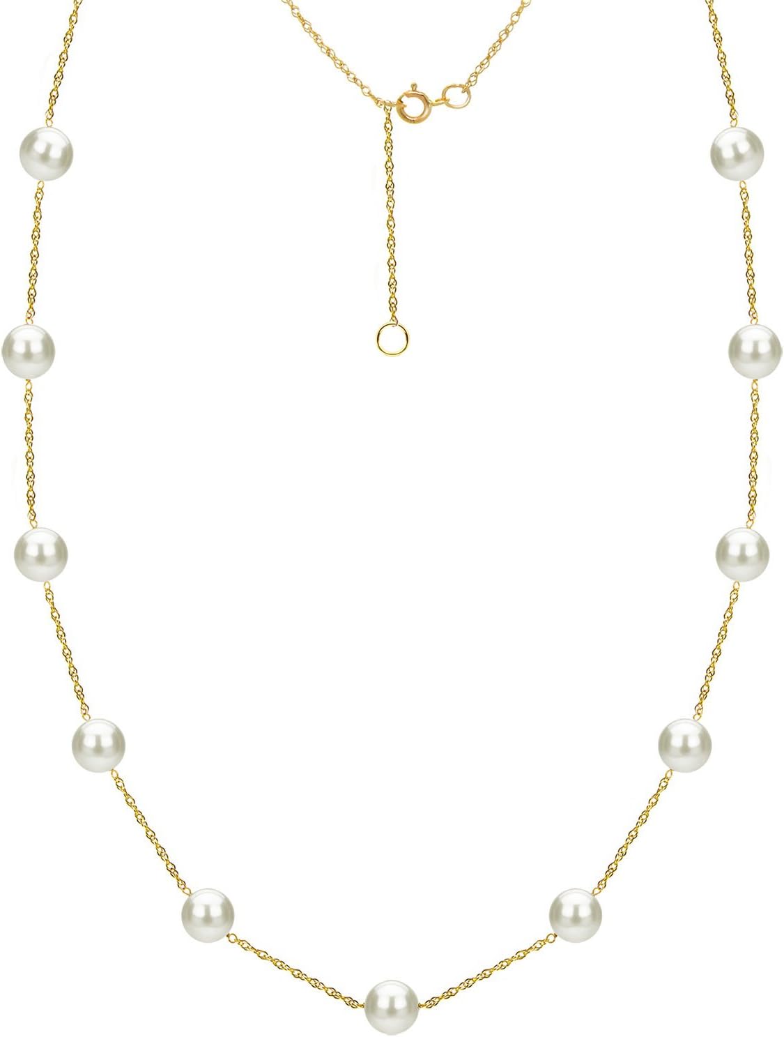 Tin Cup Station Rope 14K Yellow Gold Chain Necklace Cultured Freshwater White Pearl 6-6.5mm
