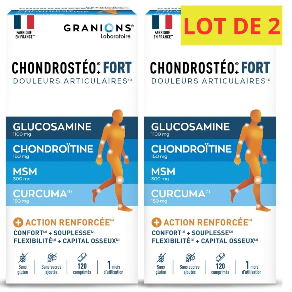 GRANIONS CHONDROSTEO+ FORT Articulations - Formule Renforcée - Curcuma - Mobilité & Souplesse Articulaire, Flexibilité, Capital Osseux - Glucosamine, Chondroïtine, MSM, Curcuma - 120 comprimés