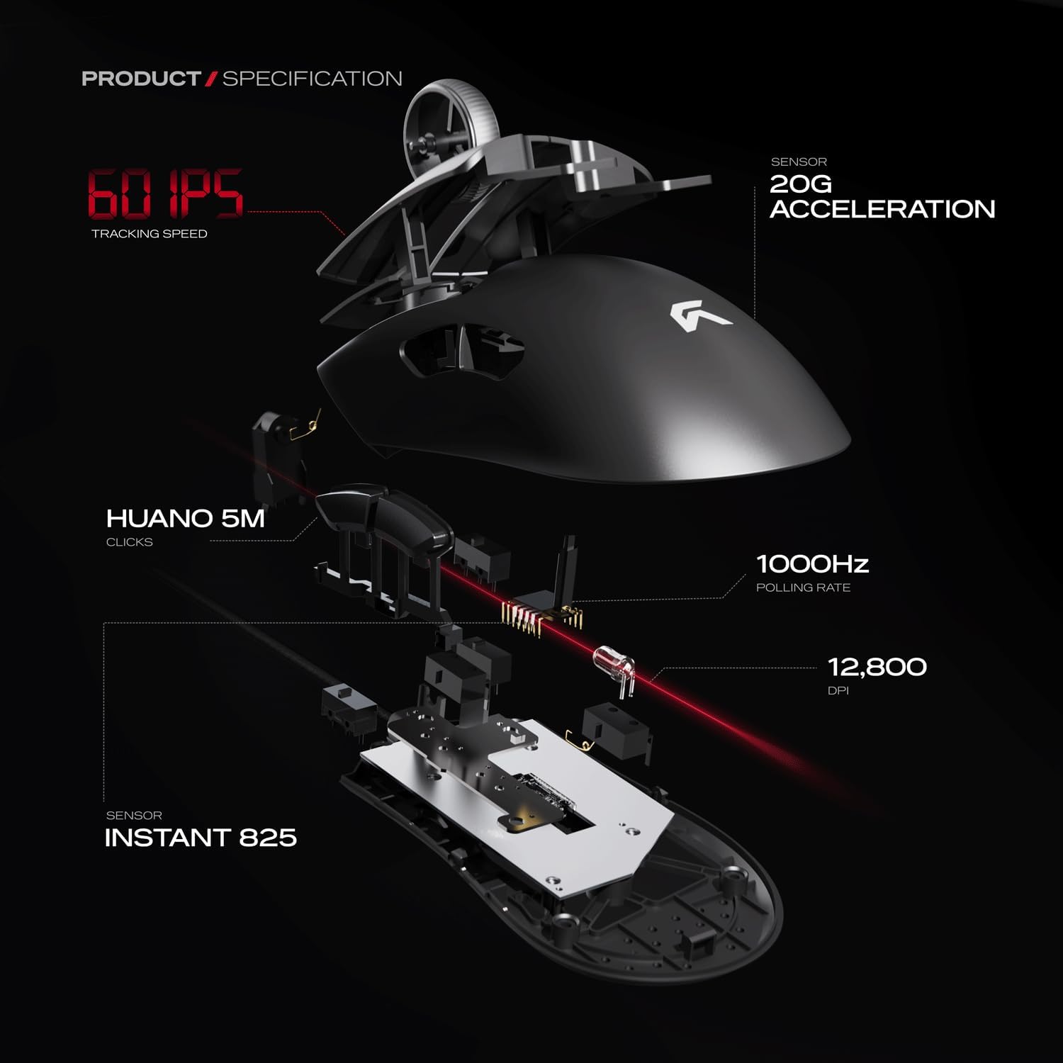 Cybeart | Ghost 49g Ultra-Light Wired Gaming Mouse | 12,800 DPI | 1000Hz Polling | Huano Switches (5M Clicks) | PTFE Feet (Black)