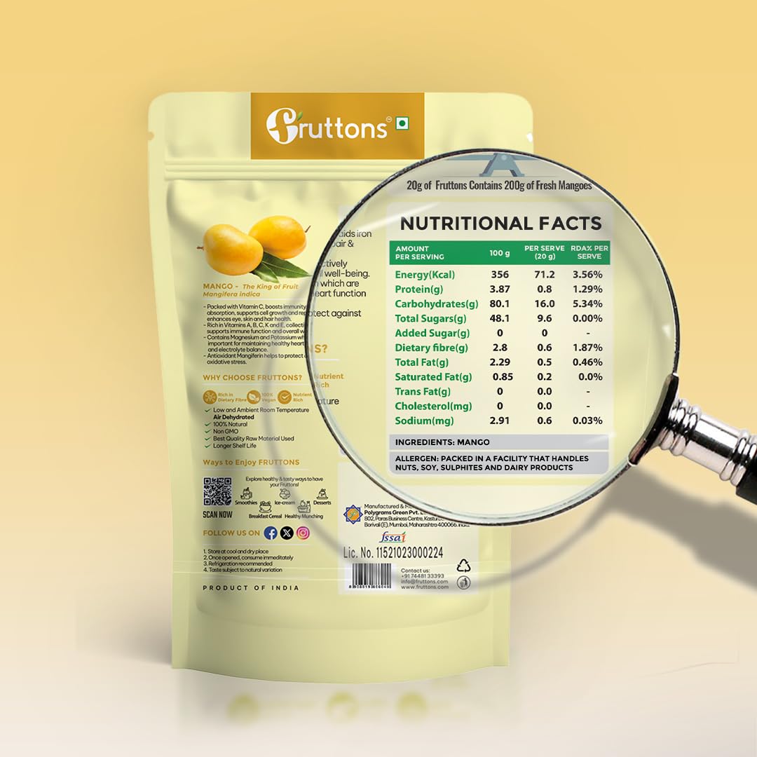 Fruttons Dehydrated Mango | No Added Sugar | Preservative Free | Natural Dried Mango Fruit | Healthy Vegan Snack | 50g Pack of 2 - Image 2 thumbnail