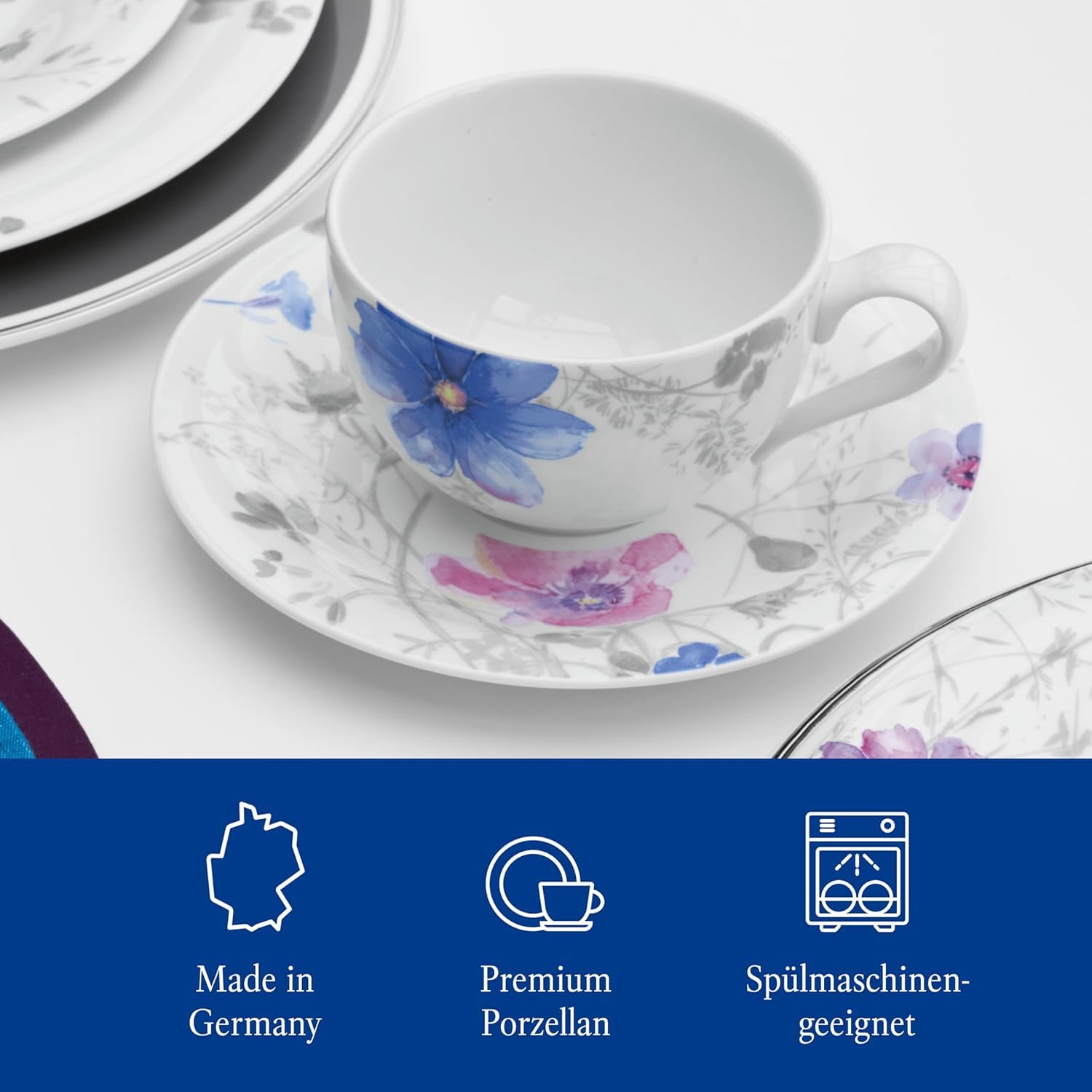 Villeroy & Boch - Mariefleur Gris Basic Kaffee Set 18 teilig für 6 Personen, Kaffeeservice, Tafelservice, Geschirr Set, Geschirrset Blumen, Blümchengeschirr, Schönes Geschirr Blumig, Premium Porzellan