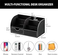 Vista 2 de Organizador de escritorio, organizador de escritorio de piel sintética y accesorios, suministros de oficina, almacenamiento multifuncional con 6