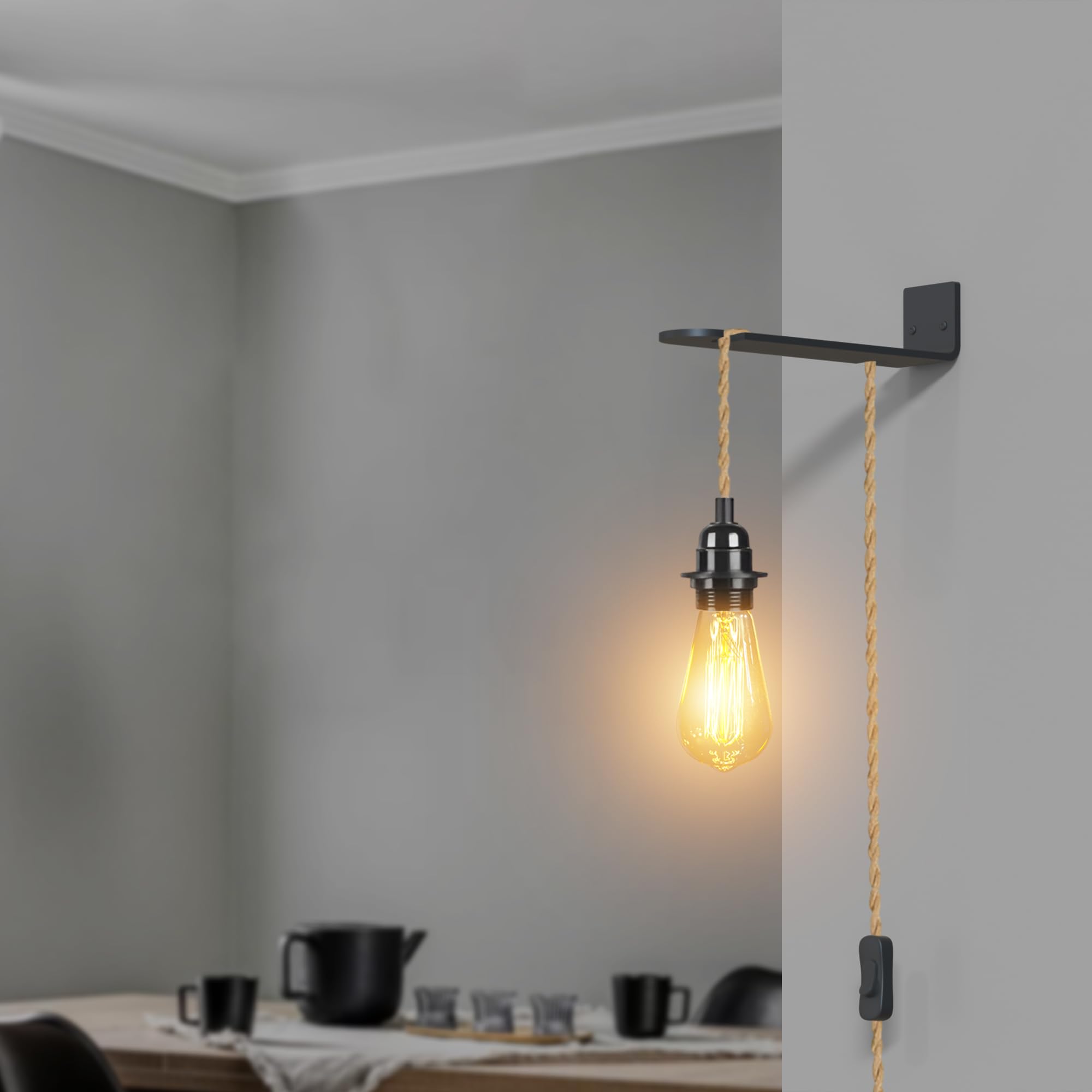 LEDSone Hemp Rope Plug in Pendant Lighting with 2M Cable, E27 Lamp Holder with On/Off Switch, Plug in Ceiling Light, Hemp Rope Light Fitting, Vintage Industrial Hanging Light Cord for DIY Lampshade