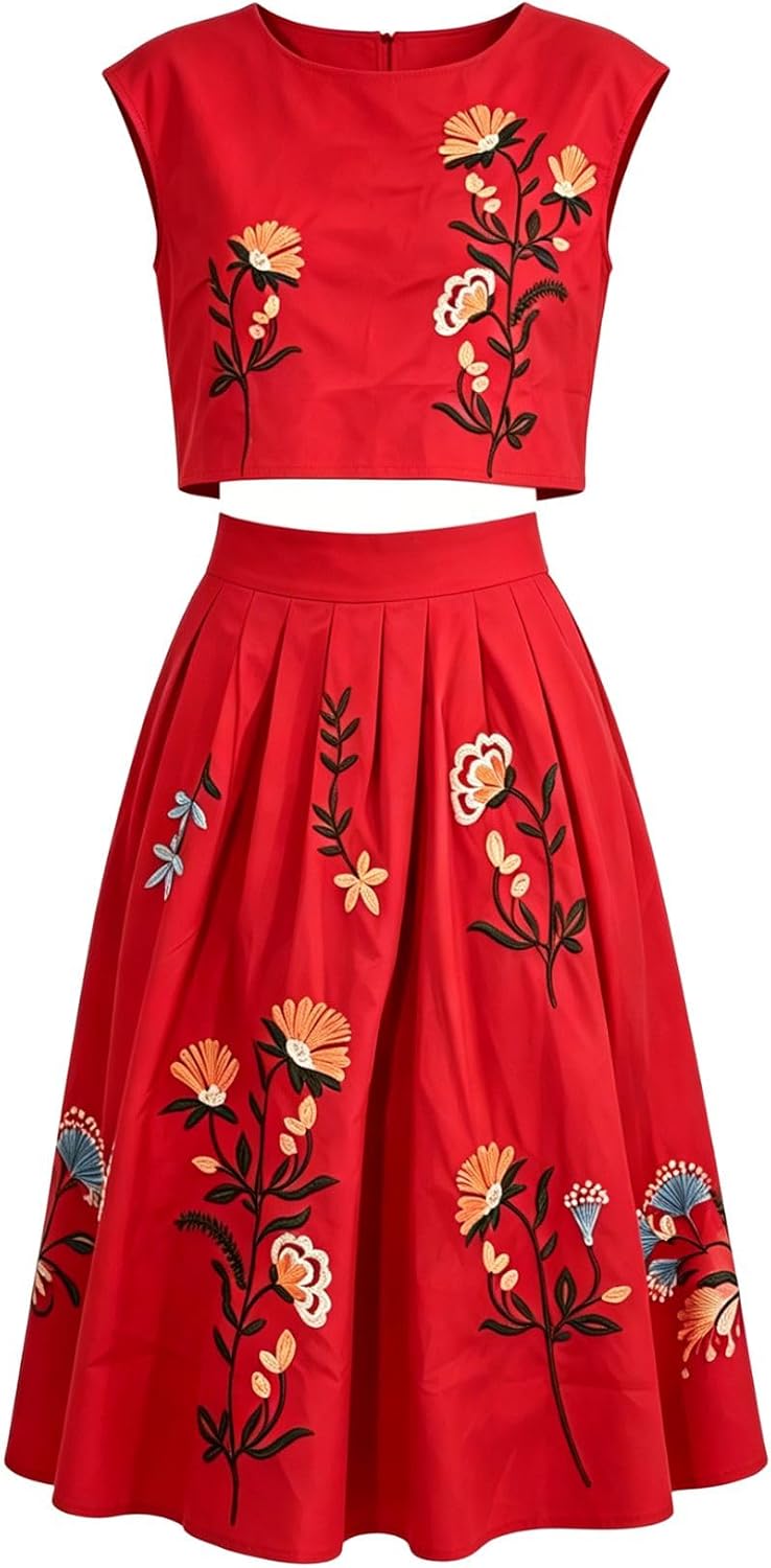Women Floral Embroidery Dress Sleeveless 2 Piece Tank Top and Skirt Loose Fit Boho Dress