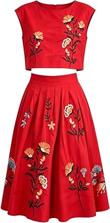 Women Floral Embroidery Dress Sleeveless 2 Piece Tank Top and Skirt Loose Fit Boho Dress