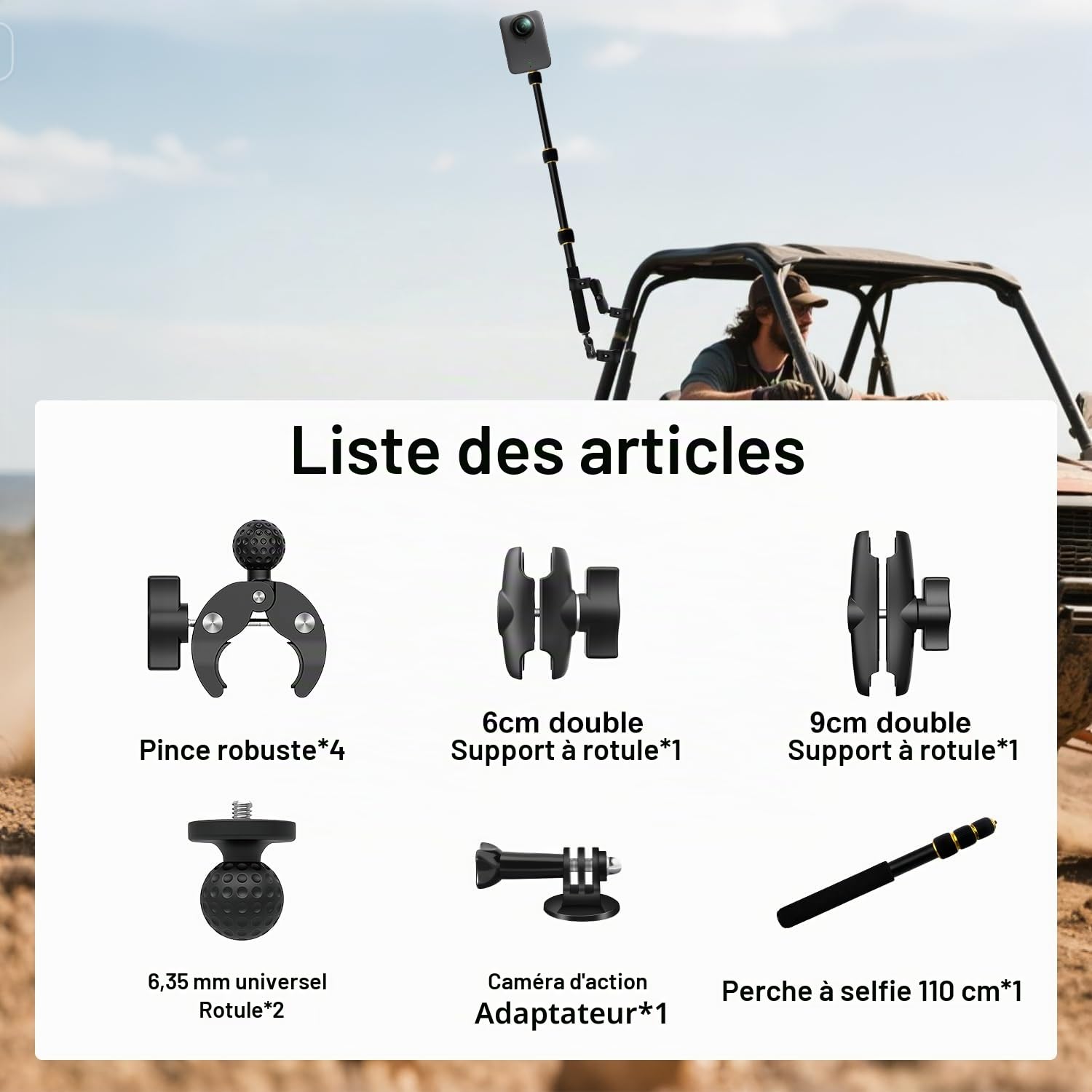 Moto Caméra Support avec 43" Perche Compatible avec Insta360 X5-X (Gold)