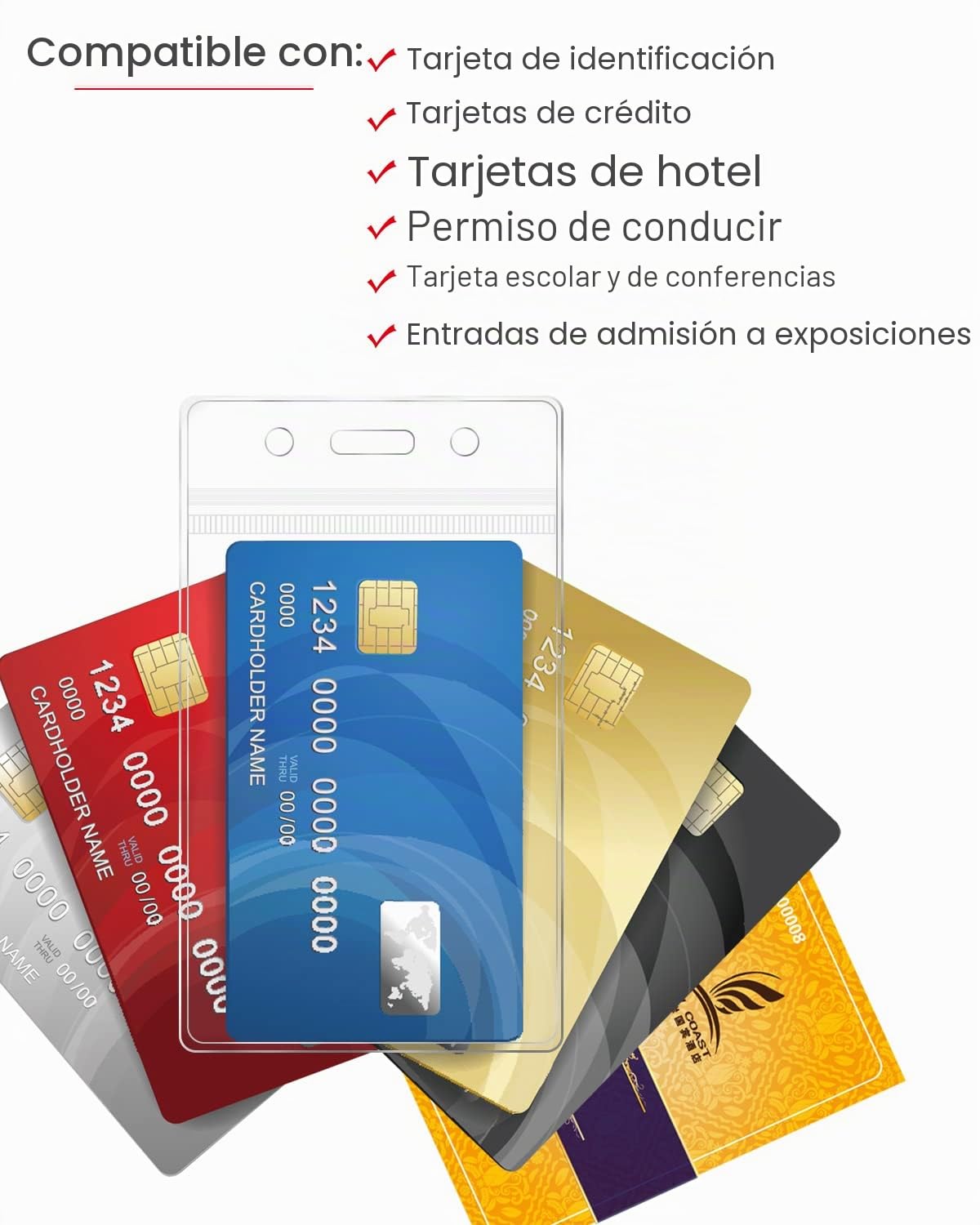 Teskyer 3 Piezas Porta Tarjetas Identificativas con Cordón, Transparente, Impermeable, Plástico, Suave, con Cremallera Resellable, Negro