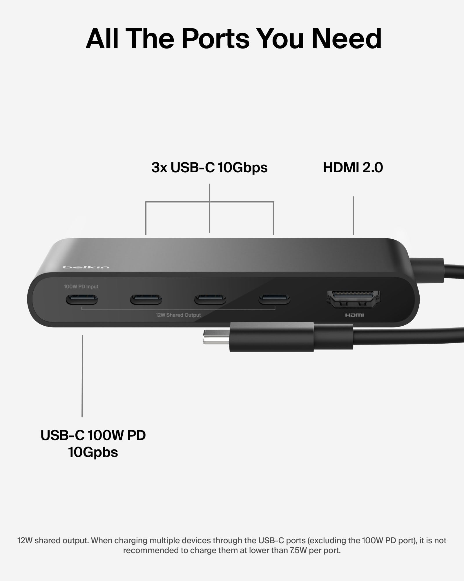 Belkin Hub USB C, concentrador de 5 Puertos con Pantalla HDMI 4K a 60 Hz, Entrega de energía de 100 W, Transferencia de Datos rápida de 10 Gbps, Adaptador multipuerto USB C, Compatible con MacBook | Transferencia de datos de 10 Gbps, soporte de pantalla H
