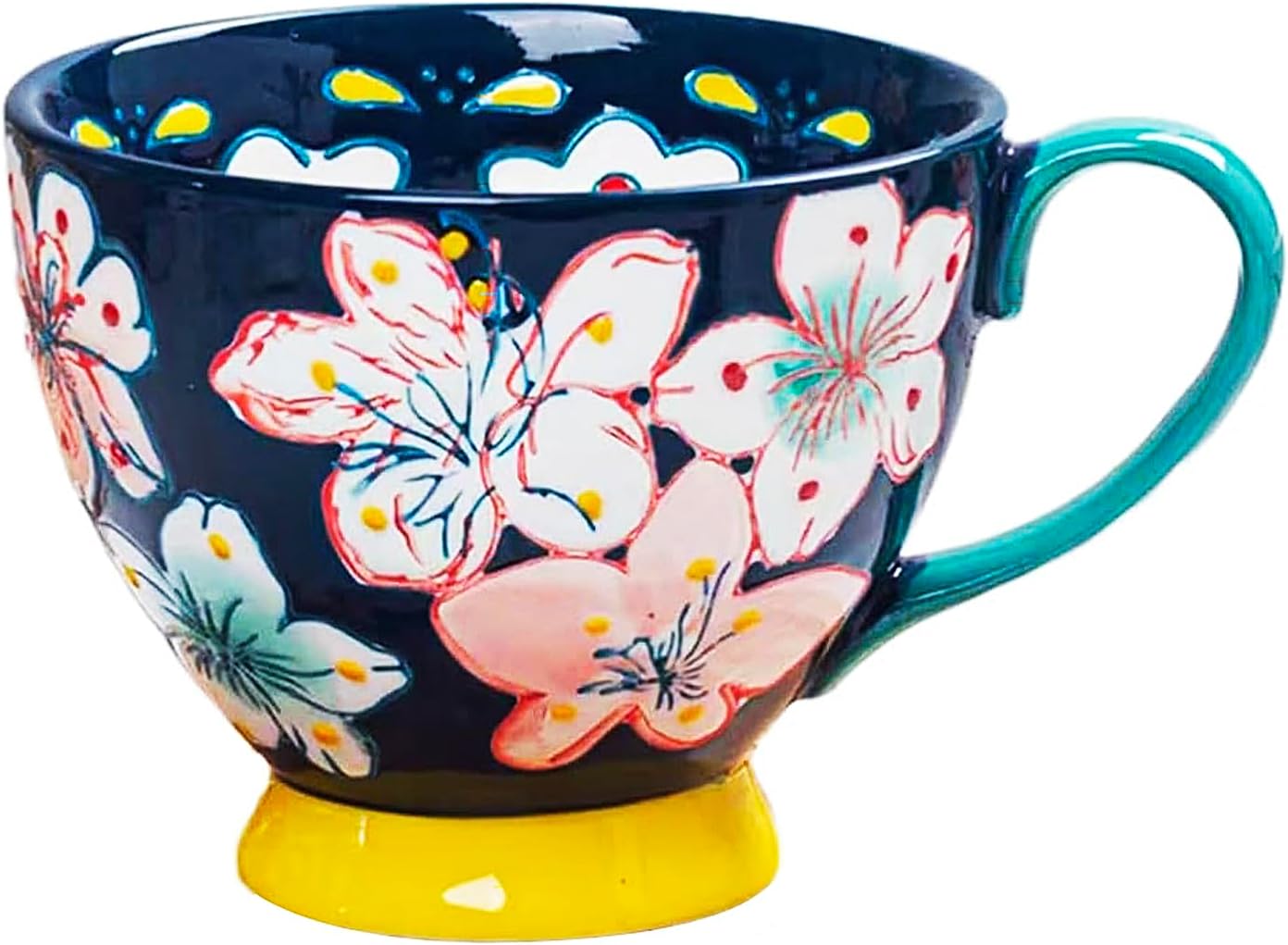 RUIXIA Hand Painted Floral Elephant Printed Ceramic Mug with Handle Heavy Color Mug Coffee Cup Home Office Milk Tea Water Cup (Dark Blue Flower-17oz)