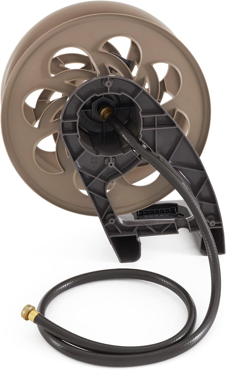 Enrere view of a Suncast hose reel showing mounting points and leader hose connection