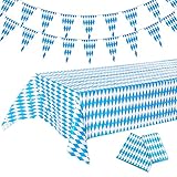 PuTwo Oktoberfest Tischdecke, 2 Stück 128x275cm Tischtuch und 1 Stück Wimpelkette, wasserdichte Tischtuch, Blau Weiß Table Cloth, Rechteckige Tischdecke für Oktoberfest Deko, Oktoberfest Dekoration