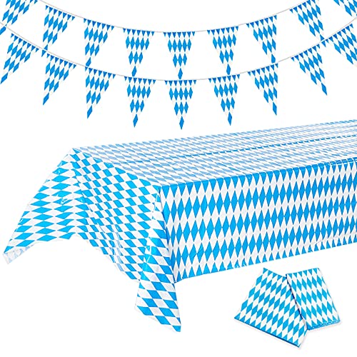 PuTwo Oktoberfest Tischdecke, 2 Stück 128x275cm Tischtuch und 1 Stück Wimpelkette, wasserdichte Tischtuch, Blau Weiß Table Cloth, Rechteckige Tischdecke für Oktoberfest Deko, Oktoberfest Dekoration Cover