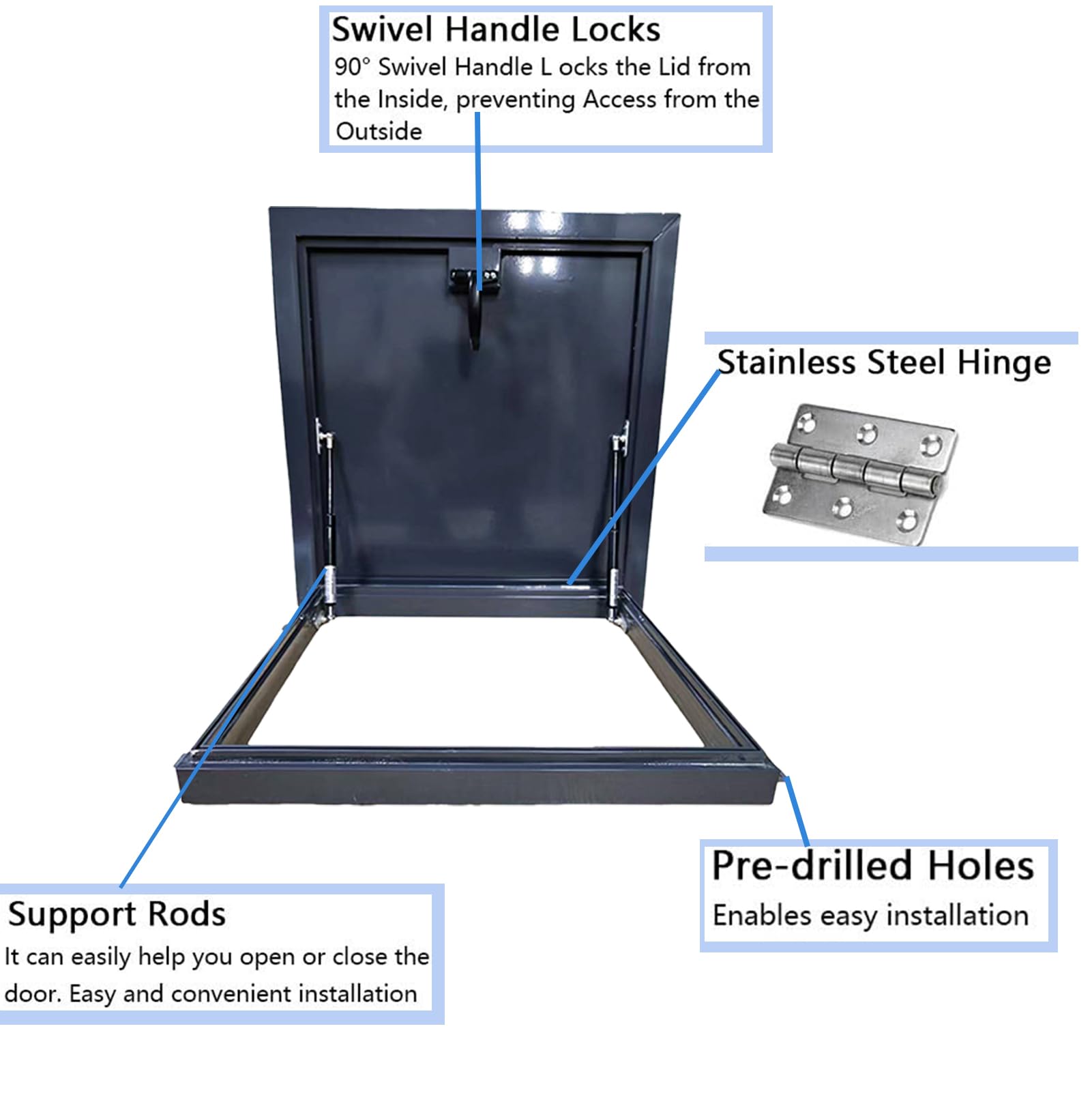 Escotilla de Acceso para Techo Plano con Soporte hidráulico y Manilla para Acceso al ático.