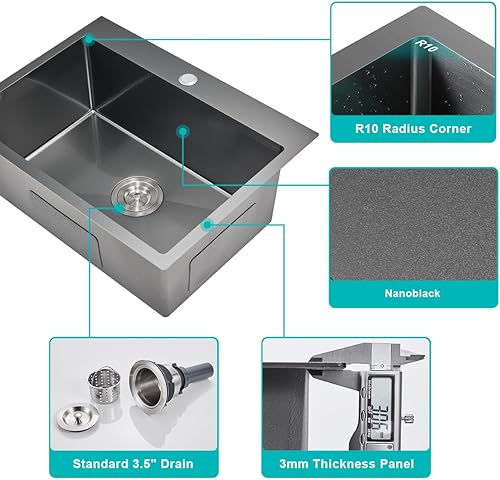 Miniatura 65 de Fregadero de cocina pequeño de acero inoxidable con caída de 20 pulgadas, níquel cepillado, 20 pulgadas de profundidad x 16 pulgadas de ancho x 9