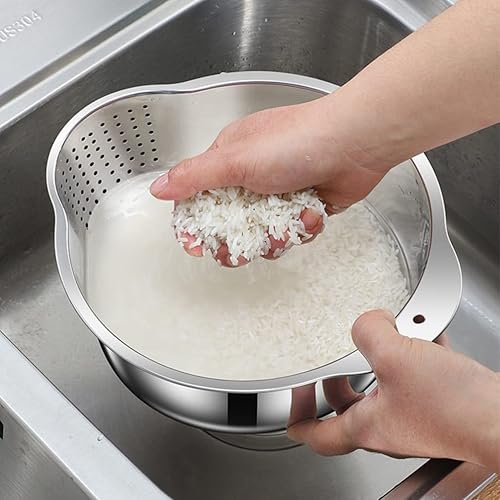 Miniatura 6 de ZzzaNa Stainless Steel Washing Bowl Rice Washing Bowl Colander Strainer 20cm Fine Mesh Strainer for Washing Vegetables Fruit Beans Pasta Colander