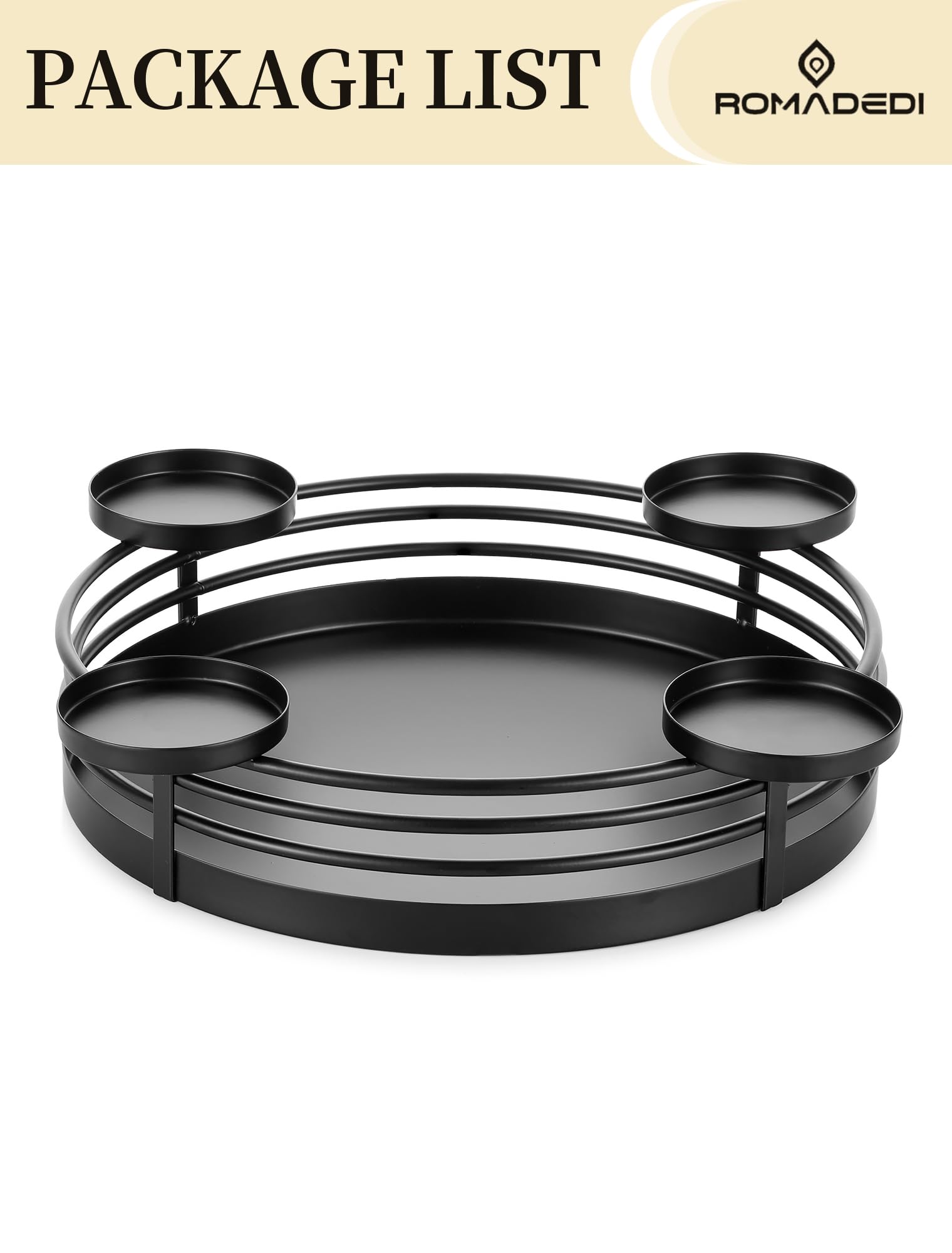 Romadedi Adventskranz Modern Schale Metall: Adventsschale Gestell Rund Matt Schwarz Ø 30cm für 4 Stumpenkerzen Ø 8 cm - Adventsgesteck mit Tablett für Tisch
