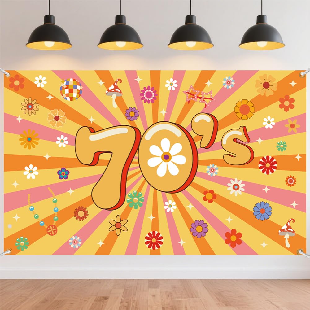 CRAFTYMELODY 70s Retro Theme Party Banner 72×44 Inch Groovy 70s Flower Backdrop Pary Decoraiton Wall Banner Indoor Outdoor with Grommets 3.2 Yard String for Party Decoration Supplies Photo Booth