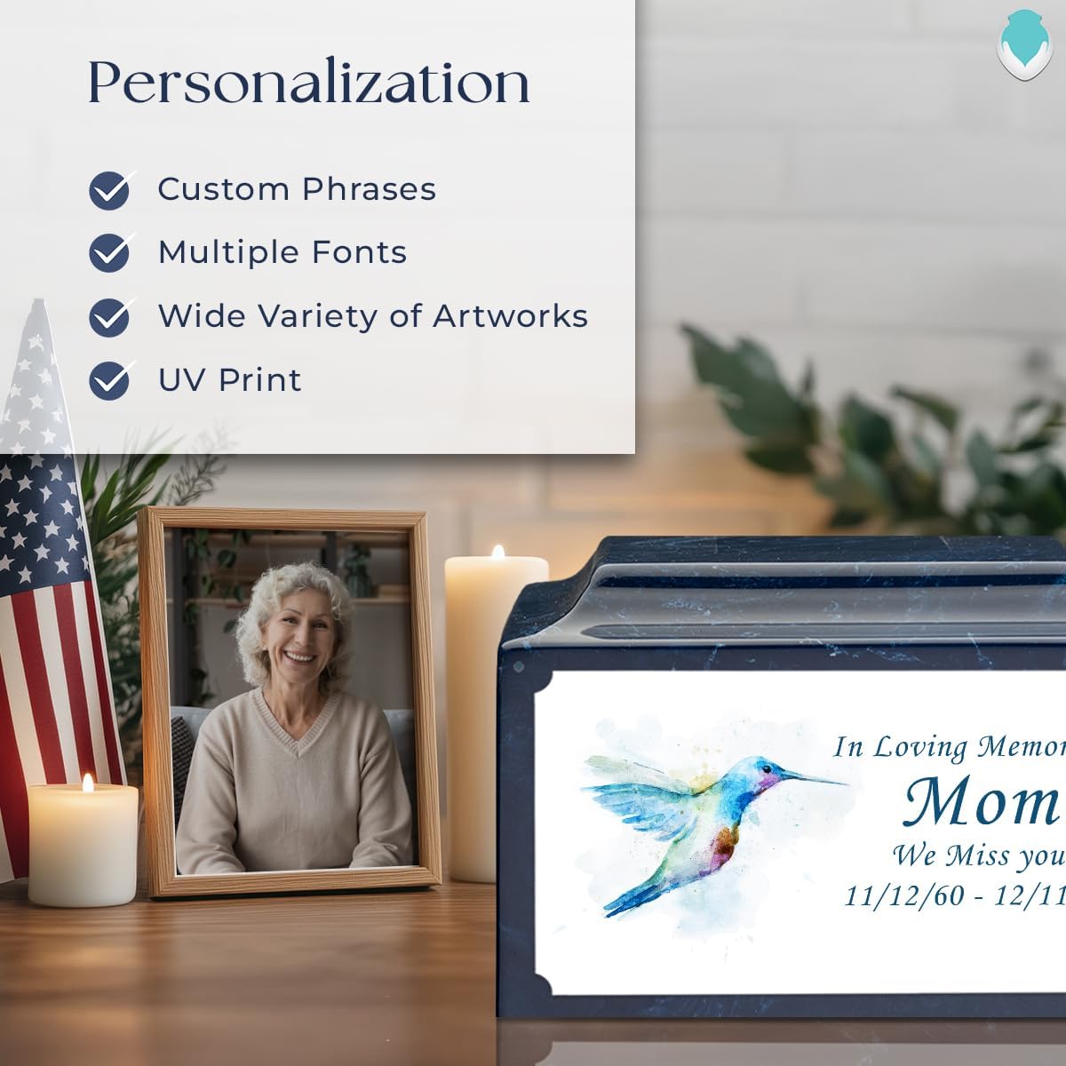 GetUrns Cultured Marble Urn Vault by Mackenzie with Personalized Hummingbird and Text for Human Ashes I Navy Adult Urns for Male and Female I 210lbs