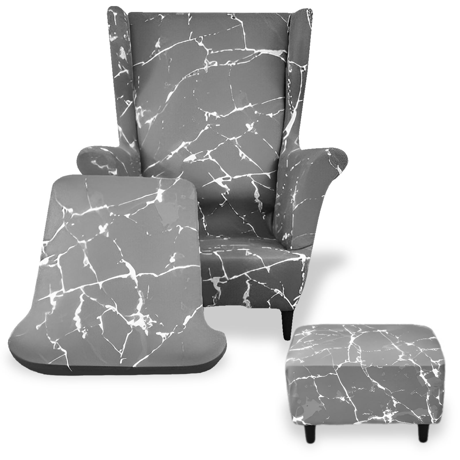 Ghshanog Wingback Chair Cover, 3 Piece Set Stretch Armchair Sofa Slipcovers with Cushion Covers & Ottoman Cover, Removable Machine Washable Furniture Protector for Hotel Living Room Bedroom(Grey)