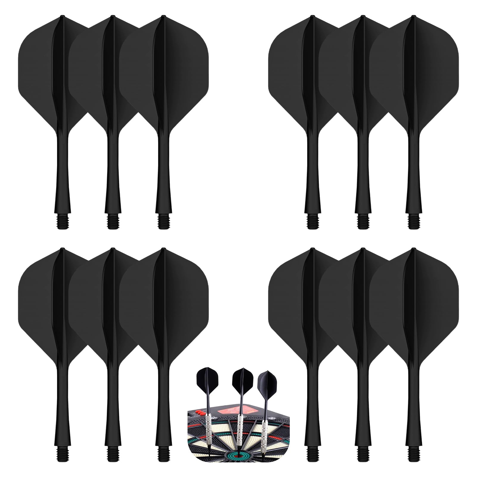 12 plumas y ejes de dardos, plumas y tallos todo en uno, plumas de dardos integradas 2BA, plástico ligero y duradero (negro)