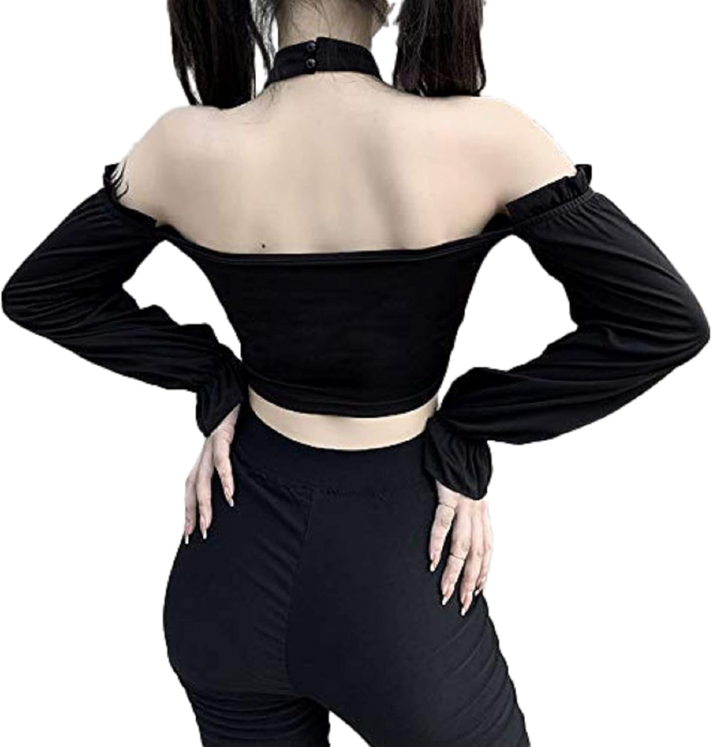 Dark Punk Crop Top with Chains Women Punk Off Shoulder Hollow Out Solid Backless Long Sleeve Tops - Image 2