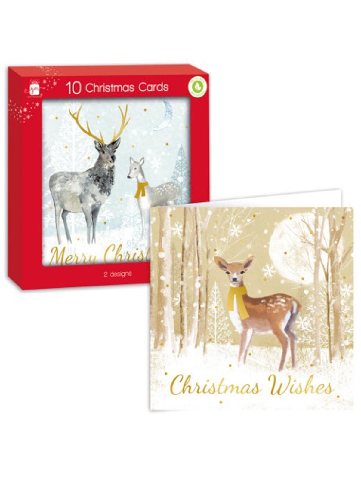 Giftmaker Multicolor Pack 10 Square Christmas Cards 2 Watercolour Deer Designs