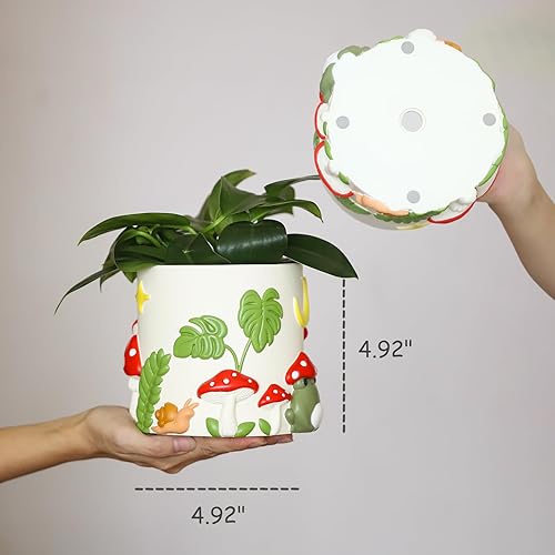 Miniatura 4 de GUGUGO Macetas de jardín de ranas, bonita maceta única con drenaje, macetas pequeñas de hongos coloridos arcoíris para plantas de interior,