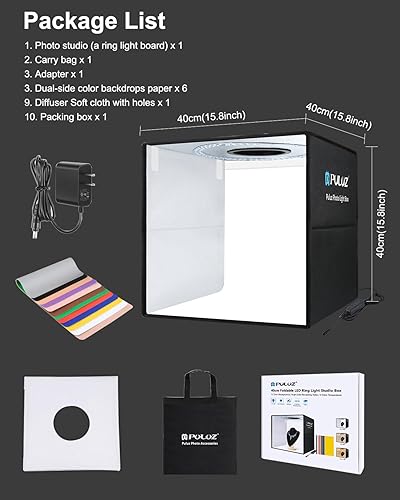 Miniatura 8 de Caja de estudio fotográfico, PULUZ caja de luz plegable de 40 cm con anillo de luz LED de 160 luces, kit de tienda de campaña portátil