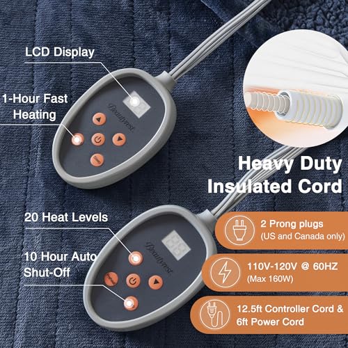 Beautyrest Heated Blanket, Electric Blanket, Soft, Warm, Reversible Plush - Sherpa Heating Blanket with 20 Heat Settings, 1-10 hrs Timer Auto Shut Off, Machine Washable, King (90 inx100 in), Indigo by Beautyrest - Image 5