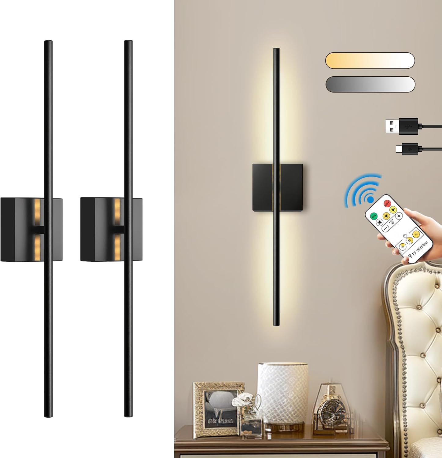 12000mAh Battery Operated Wall Sconces with Remote Control,31.5 Inch Rechargeable Wall Sconce Set of 2, 350° Rotate Dimmable LED Wall Lights, 3000-6000K, for Living Room?Bedroom, Hallway