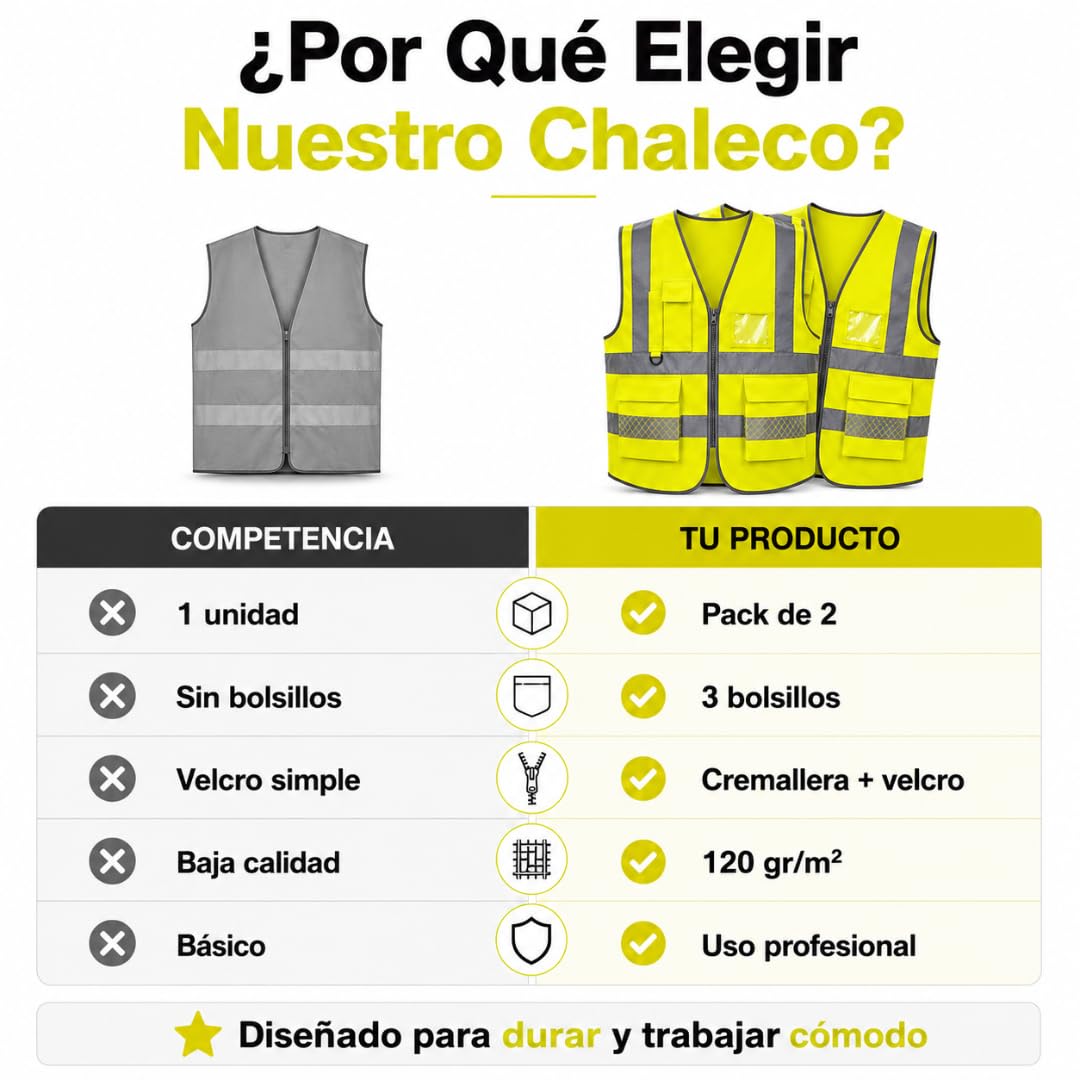 Chaleco Reflectante con Bolsillos y Cremallera Pack 2 Unidades | Chaleco Reflectante Homologado DGT Alta Visibilidad ISO 20471 | Chaleco Seguridad Trabajo Coche Moto Bicicleta Talla L Universal