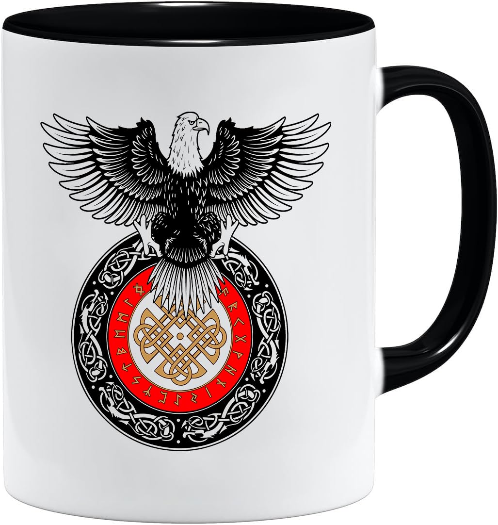 Jungle Mug Taza vikinga nórdica, idea de regalo para hombres mayores, papá, abuelo, taza de café, diseño vikingo, cránea, jarra de cerveza Thors Hammer (VIKING016)