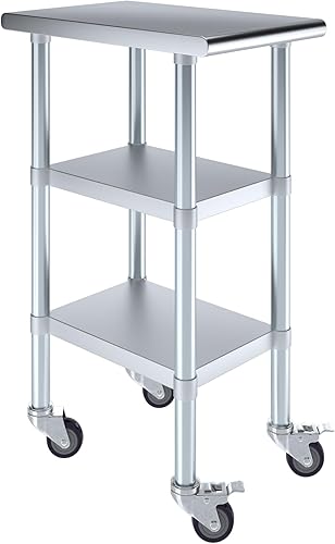 Miniatura 12 de AmGood Mesa de trabajo de acero inoxidable con 2 estantes y ruedas Mesa de trabajo de metal con ruedas