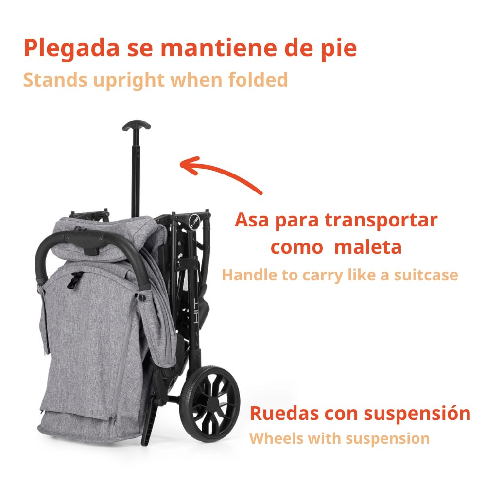 Nurse Hit Silla de Paseo Ligera hasta 22 kg, Plegado Compacto con Una Mano, Asa de Transporte, Respaldo Reclinado, Capota Extensible, Gris