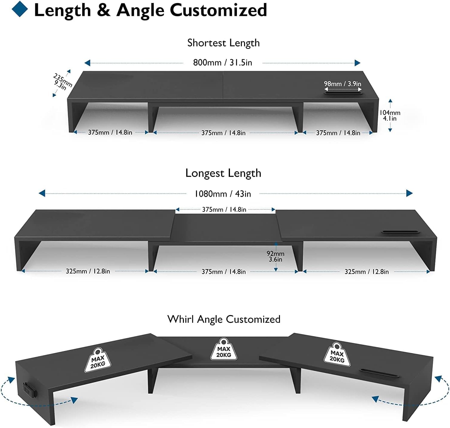 BONTEC Supporto per Doppio Monitor Stand Riser e Smartphone, Lunghezza Regolabile e Angolo di Rotazione in Legno, Organizer da Tavolo, nero