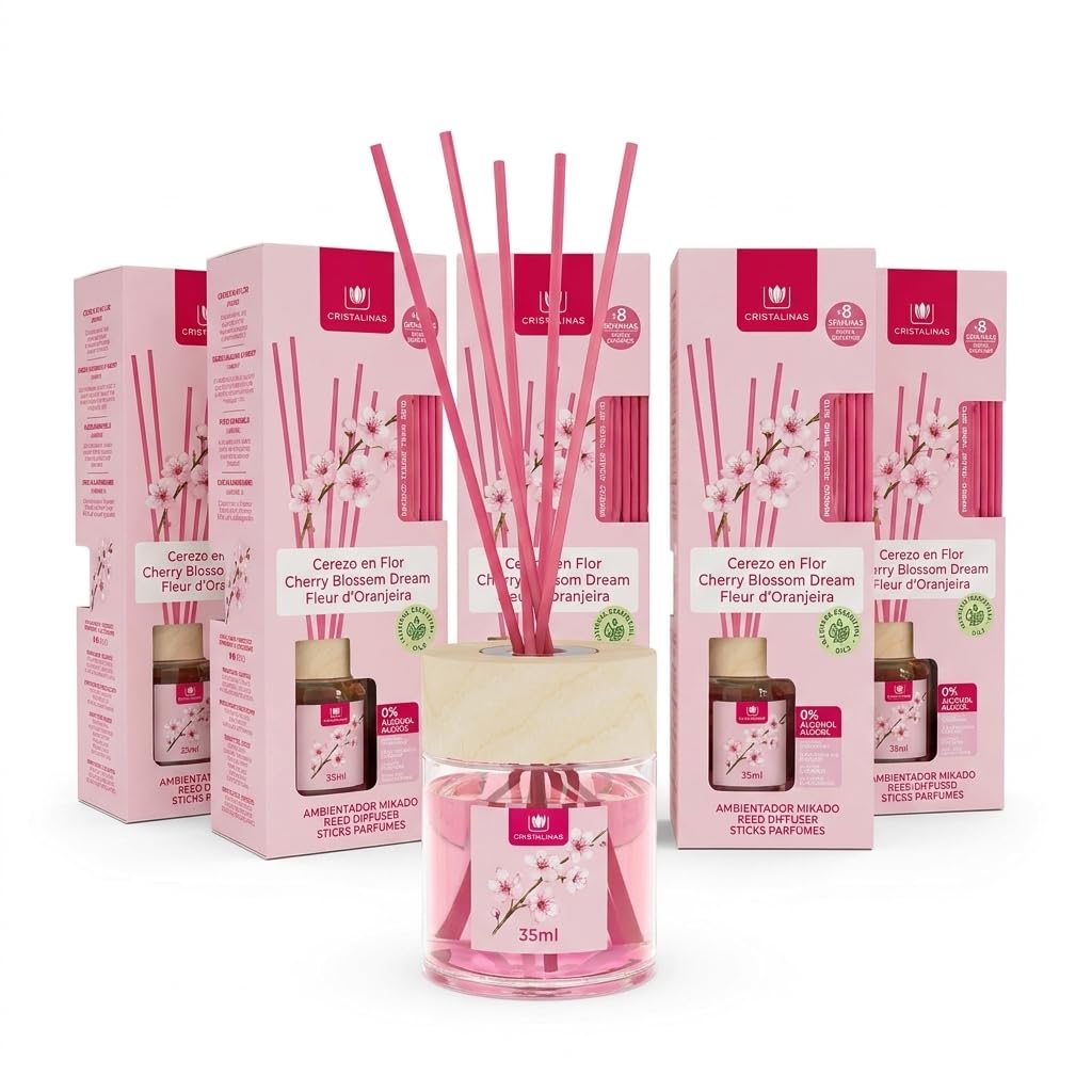 Cristalinas 35ml Cherry Blossom Reed Diffusers for Home - Fragrance Lasts up to 8 weeks - Room Diffuser Sticks with Coloured Fragrance Oil - Pack of 5